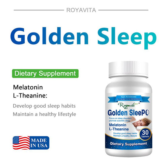 【Recomendado por nutricionistas estadounidenses】Tabletas Golden Sleep: contienen melatonina, L-teanina y 5-HTP para promover un sueño reparador, reducir el estrés y mantener un estilo de vida saludable. 