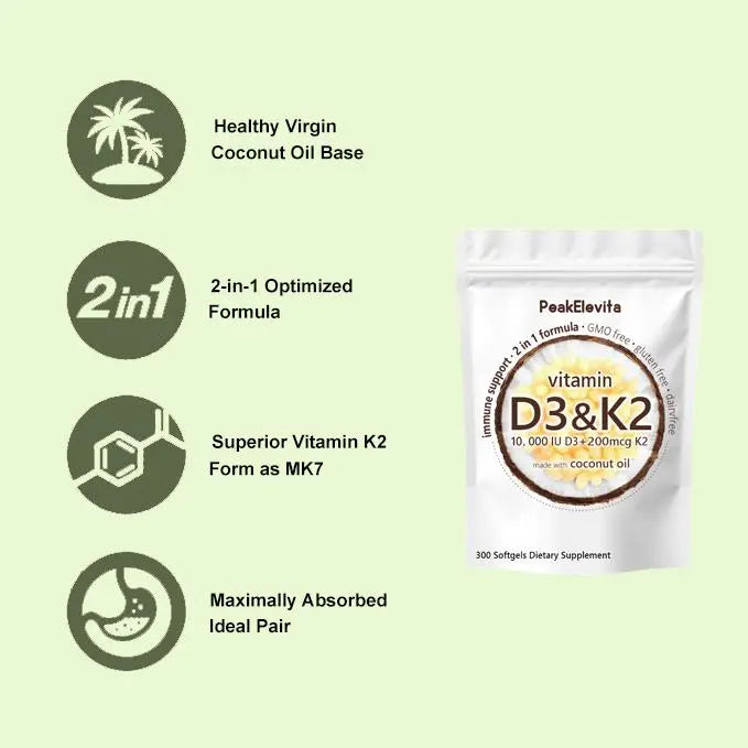 Vitamin D3 10000 iu Plus K2 (MK-7) 200 mcg, 300 Virgin Coconut Oil Softgels